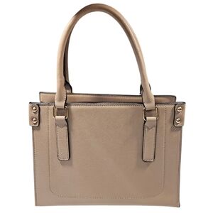 Structured Taupe Faux Leather Tote Bag with Gold Hardware – Elegant Everyday